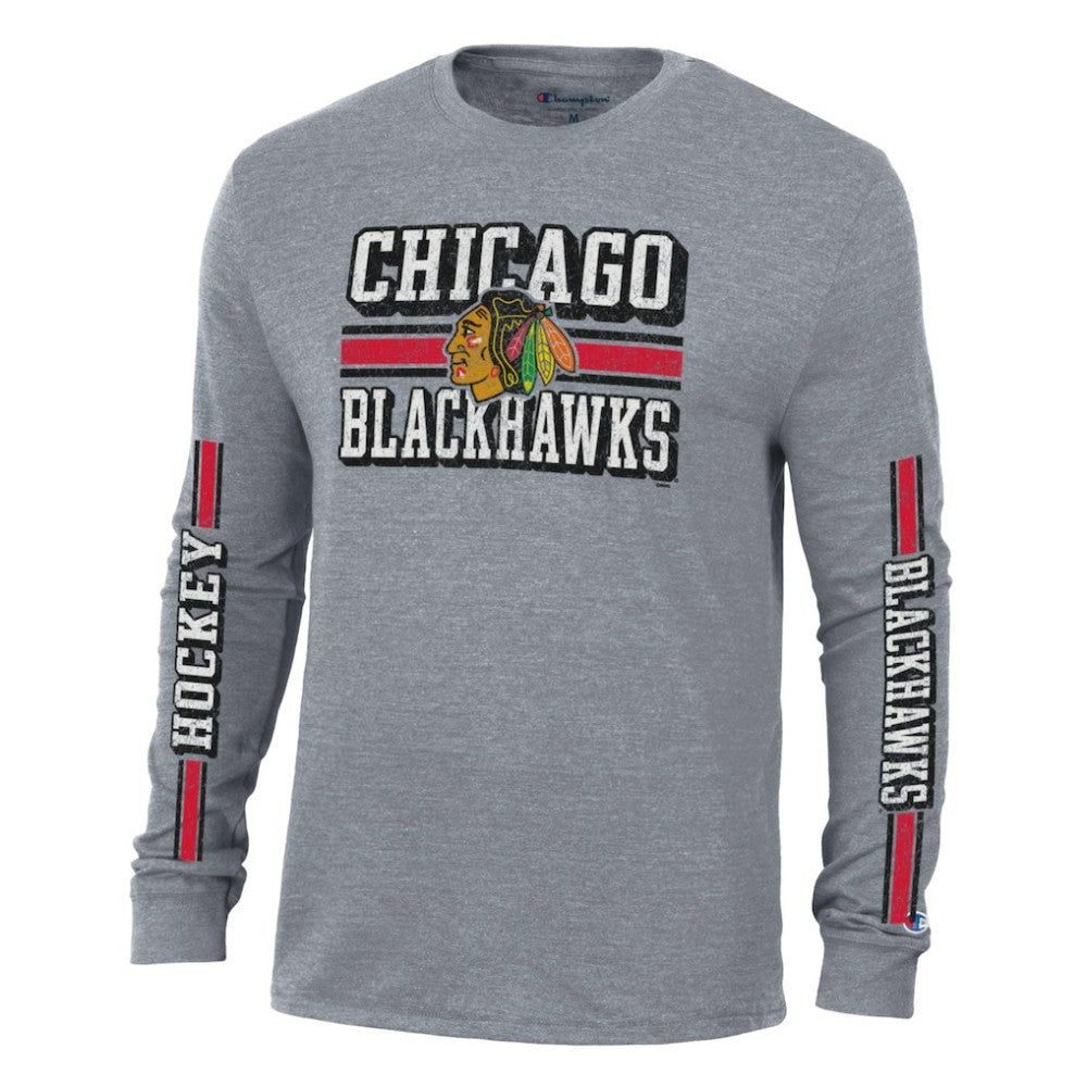 Chicago Blackhawks Champion Tri-Blend Dual-Stripe Long Sleeve T-Shirt - Heather Gray - NHL 200838119