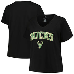 Milwaukee Bucks Profile Women's Plus Size Arch Over Logo V-Neck T-Shirt Black
