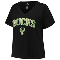 Milwaukee Bucks Profile Women's Plus Size Arch Over Logo V-Neck T-Shirt Black