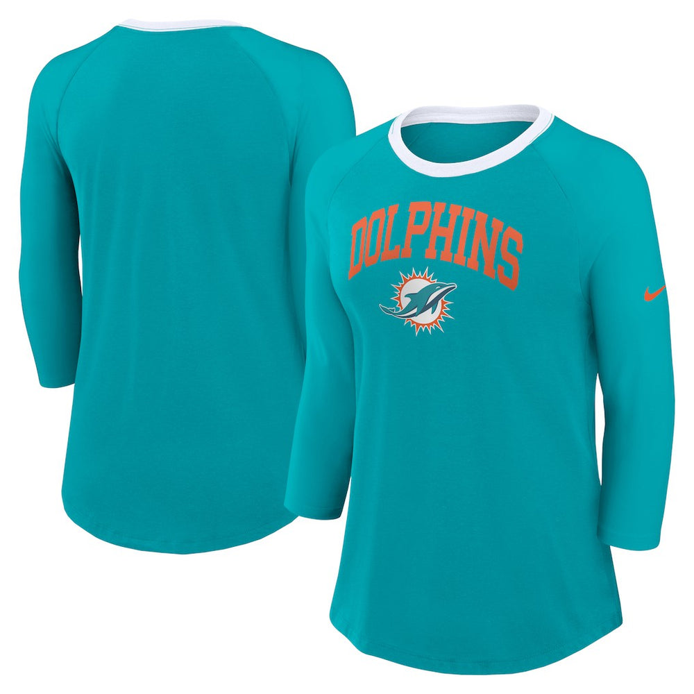 Nike Miami Dolphins Women's 3/4 Sleeve Raglan Fashion Top Aqua
