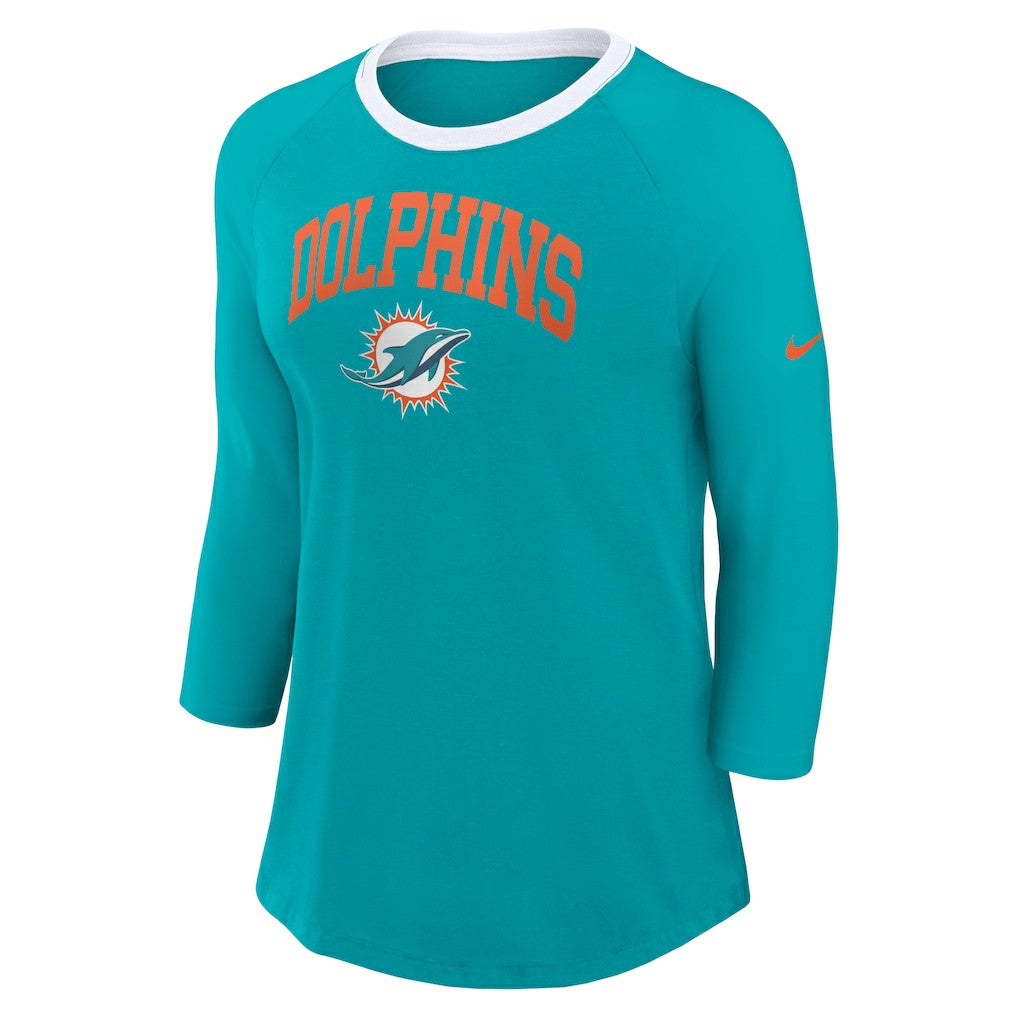 Nike Miami Dolphins Women's 3/4 Sleeve Raglan Fashion Top Aqua