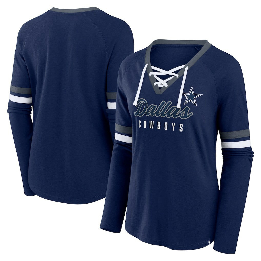 Fanatics Dallas Cowboys Women's Won and Done Lace-Up Long Sleeve Fashion Top Navy