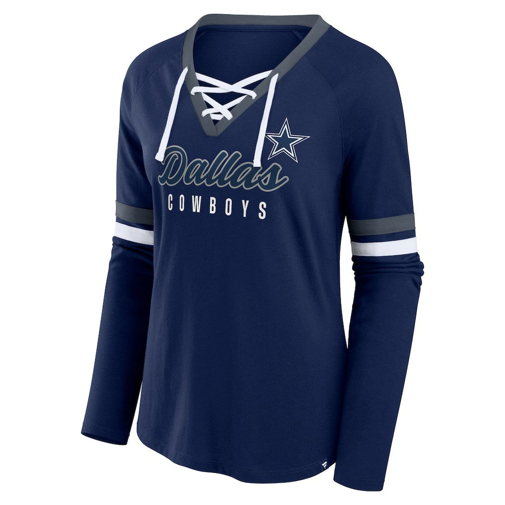 Fanatics Dallas Cowboys Women's Won and Done Lace-Up Long Sleeve Fashion Top Navy