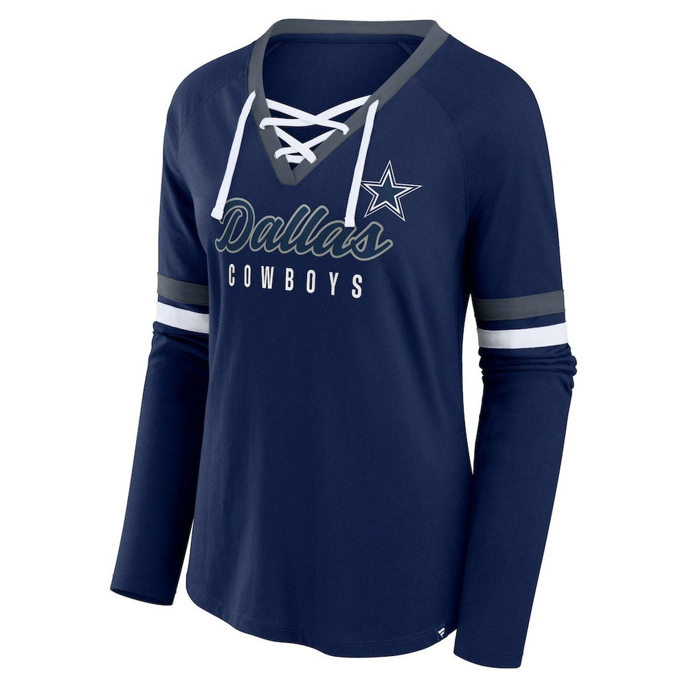 Fanatics Dallas Cowboys Women's Won and Done Lace-Up Long Sleeve Fashion Top Navy