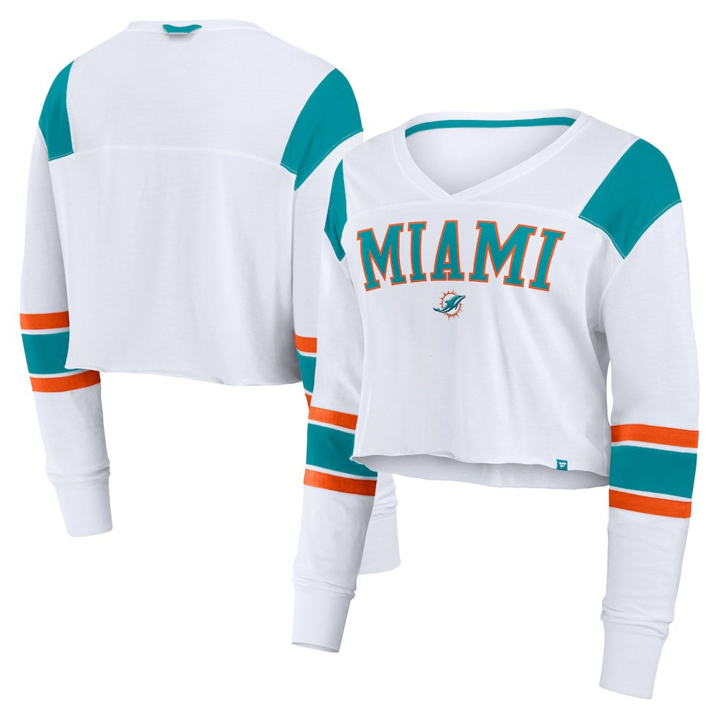 Fanatics Miami Dolphins Women's Stretch Cropped Fashion Long Sleeve T-Shirt White