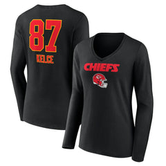 Travis Kelce Kansas City Chiefs Women's Team Wordmark Player Name & Number Long Sleeve V-Neck T-Shirt Black