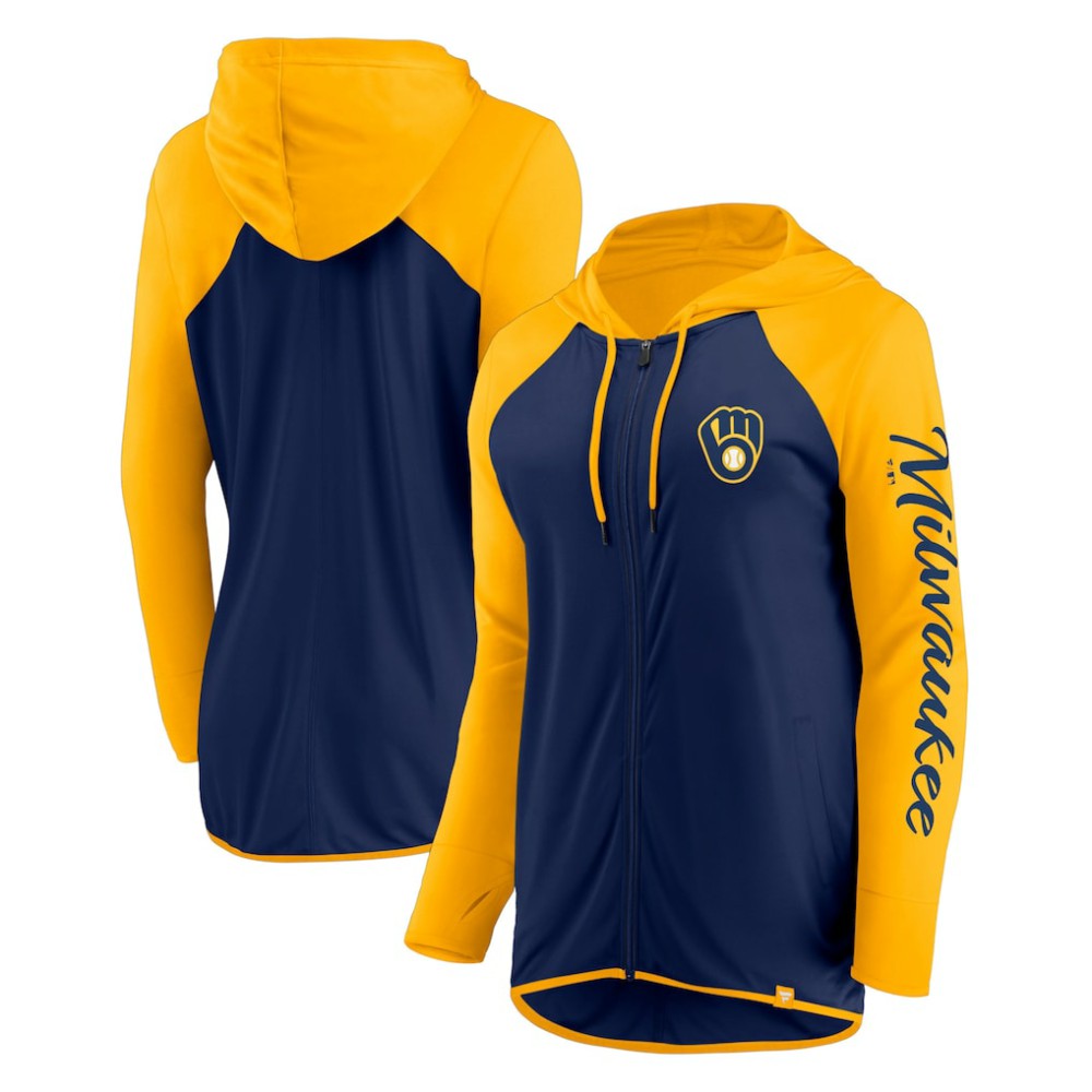 Milwaukee Brewers Fanatics Women's Script Sleeve Full-Zip Hoodie - Navy/Gold - Fanatics Discount