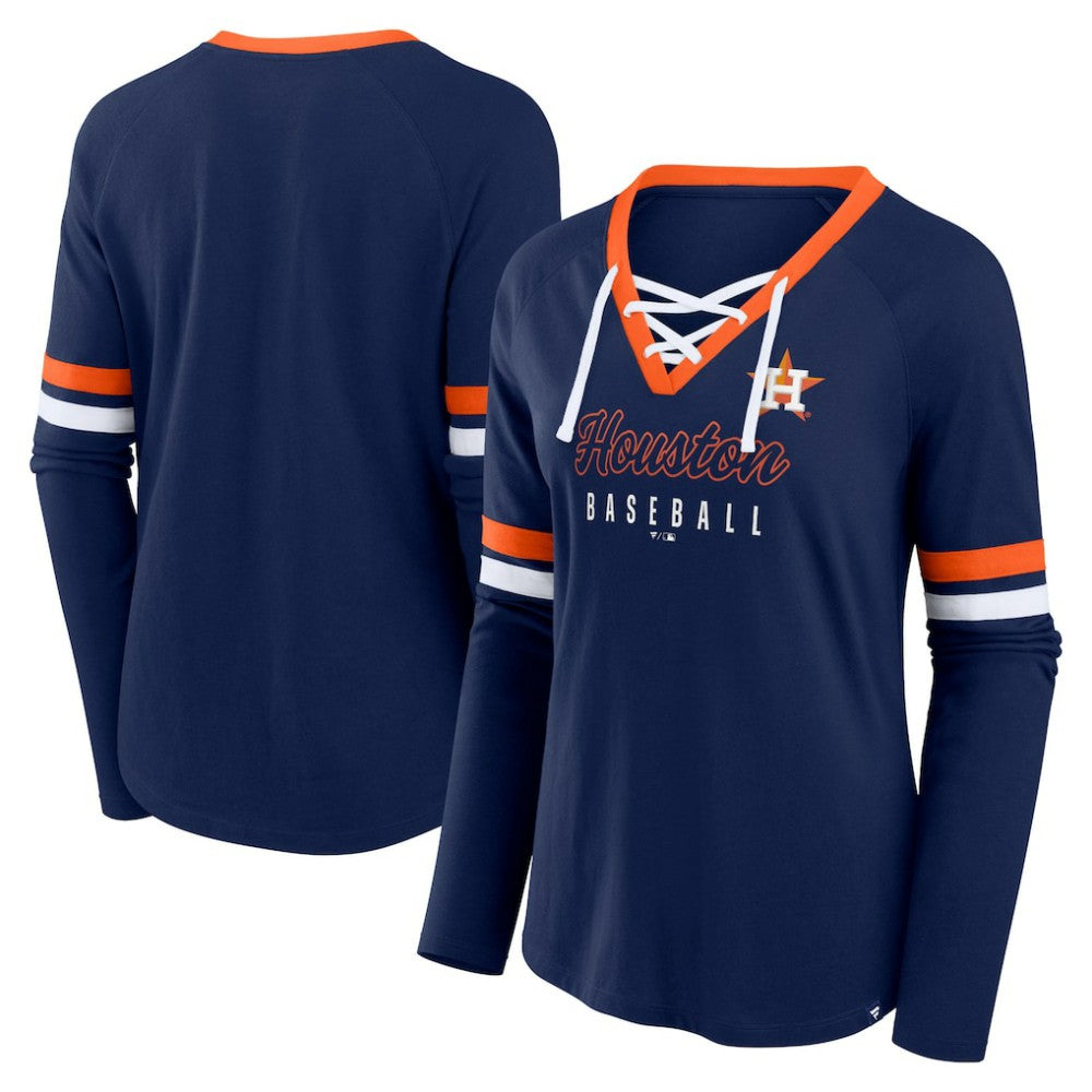 Houston Astros Fanatics Women's Won & Done Raglan Lace-Up Long Sleeve T-Shirt - Navy - Fanatics on Sale
