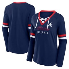 Atlanta Braves Fanatics Women's Won & Done Raglan Lace-Up Long Sleeve T-Shirt - Navy - Fanatics on Sale