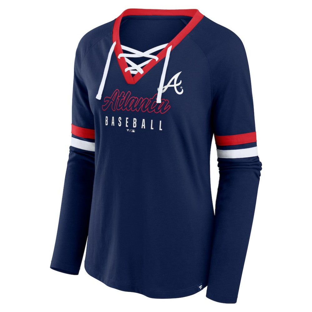 Atlanta Braves Fanatics Women's Won & Done Raglan Lace-Up Long Sleeve T-Shirt - Navy - Fanatics on Sale