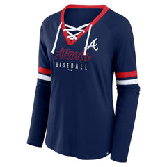 Atlanta Braves Fanatics Women's Won & Done Raglan Lace-Up Long Sleeve T-Shirt - Navy - Fanatics on Sale