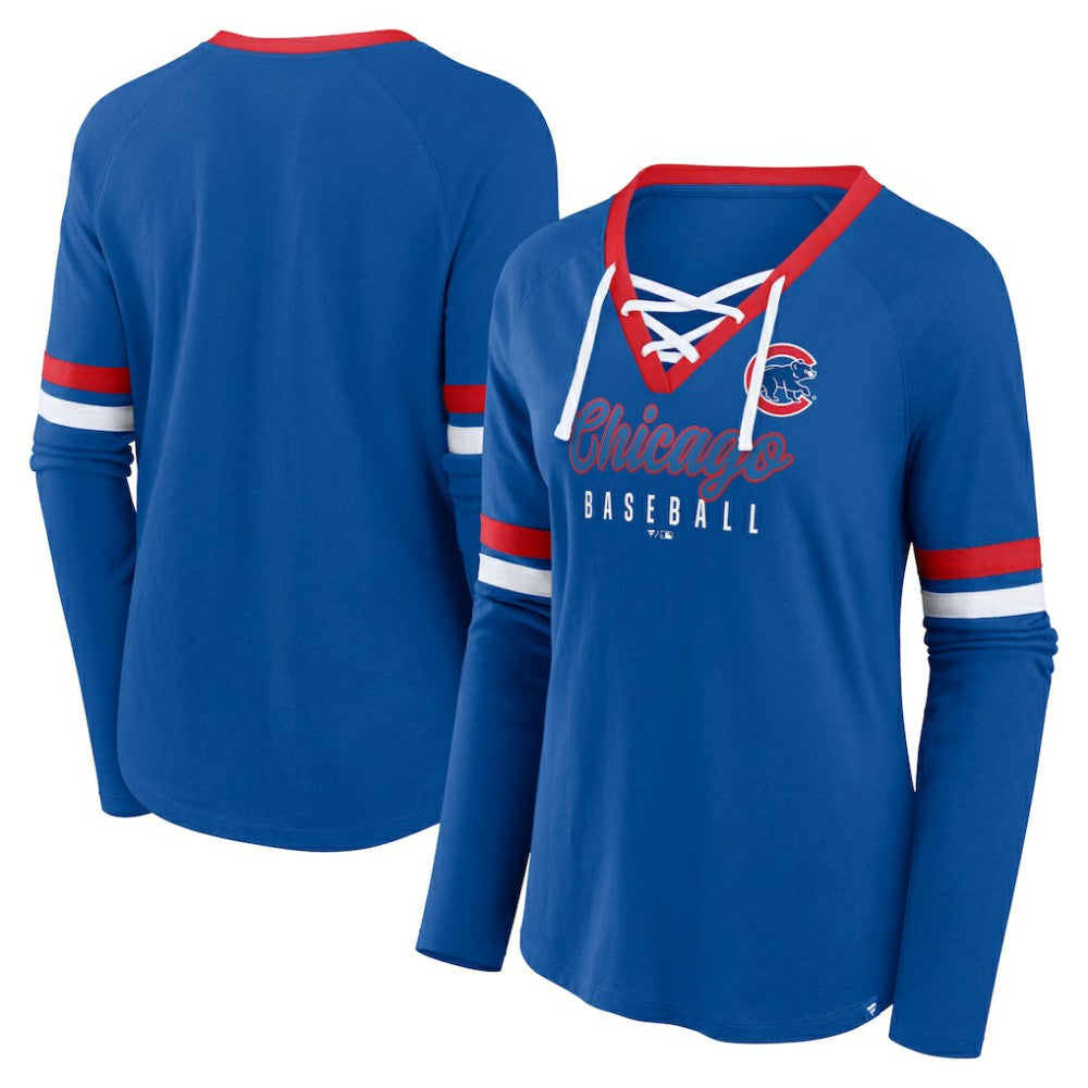 Chicago Cubs Fanatics Women's Won & Done Raglan Lace-Up Long Sleeve T-Shirt - Royal - Fanatics Online