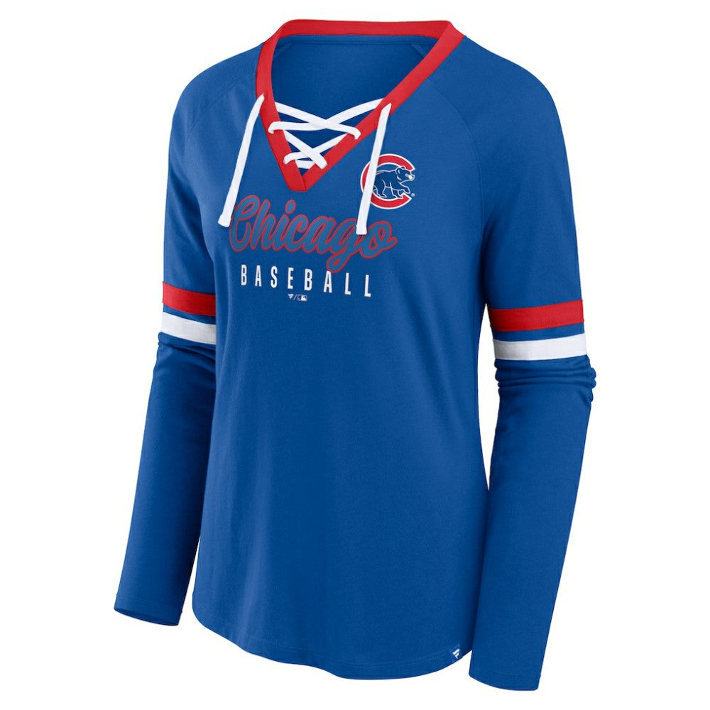 Chicago Cubs Fanatics Women's Won & Done Raglan Lace-Up Long Sleeve T-Shirt - Royal - Fanatics Online