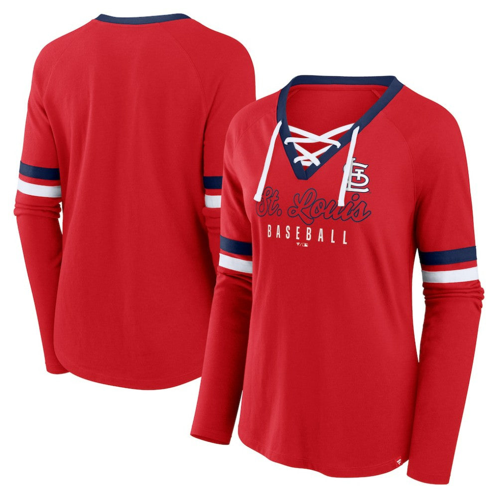St. Louis Cardinals Fanatics Women's Won & Done Raglan Lace-Up Long Sleeve T-Shirt - Red - Fanatics Discount