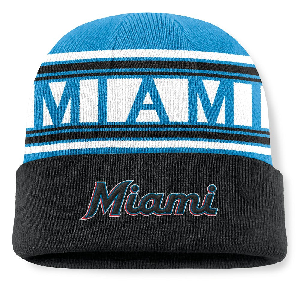 Miami Marlins Fanatics Fundamental Team Stripe Cuffed Knit Hat - Black - Fanatics Sale