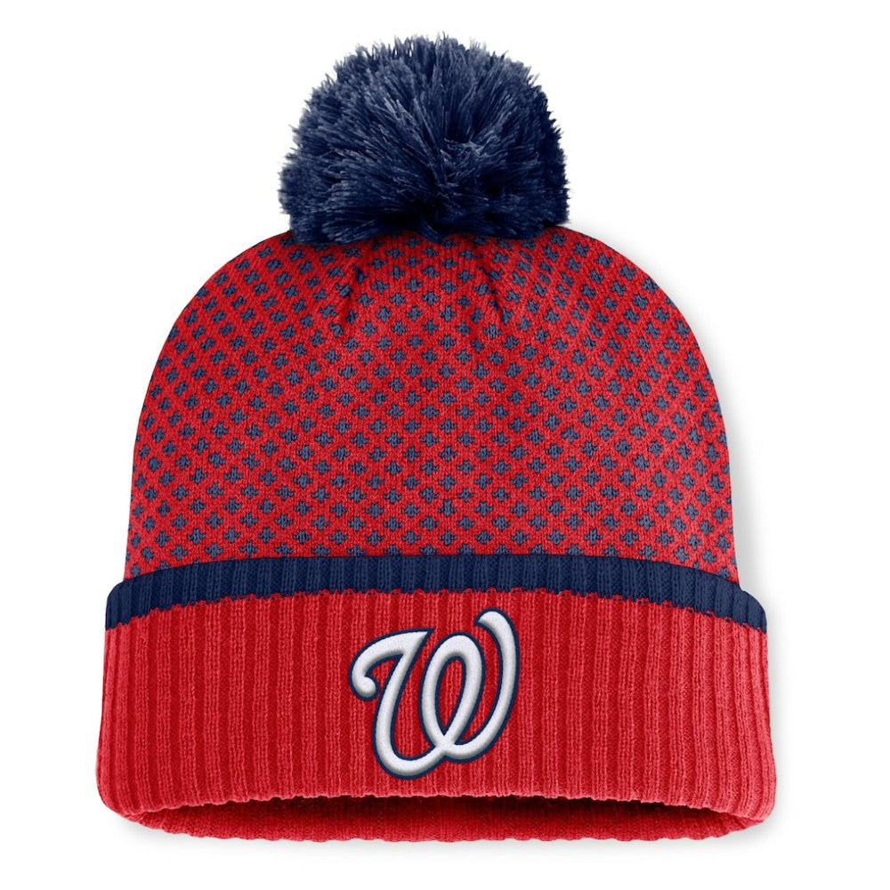 Washington Nationals Fanatics Women's Fundamental Jacquard Cuffed Knit Hat with Pom - Red - Fanatics Discount