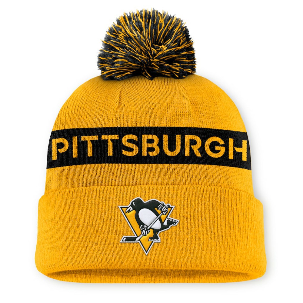Pittsburgh Penguins Fanatics Women's Authentic Pro Rink Cuffed Knit Hat with Pom - Gold/Black - NHL 200897932