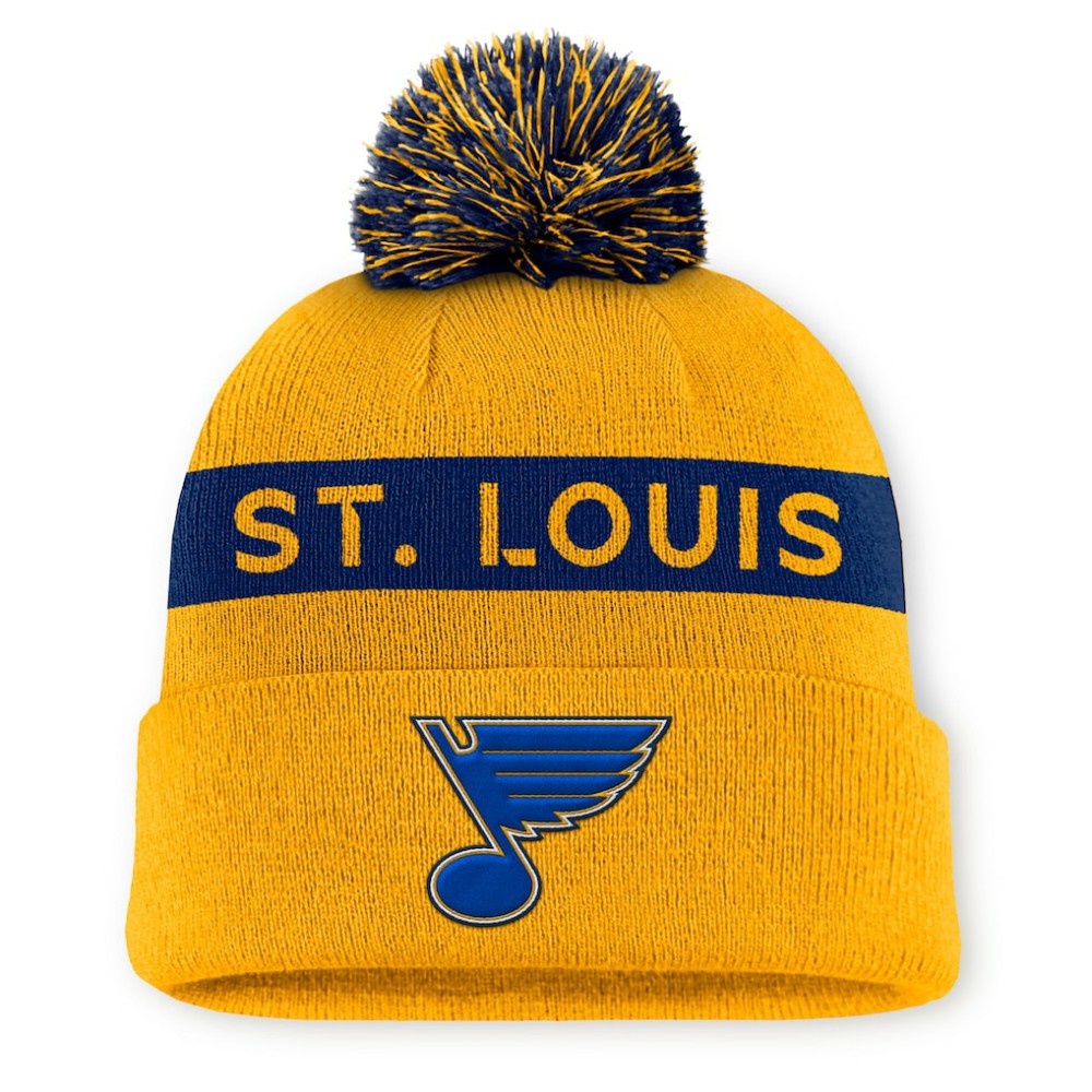 St. Louis Blues Fanatics Women's Authentic Pro Rink Cuffed Knit Hat with Pom - Gold/Navy - NHL 200897936