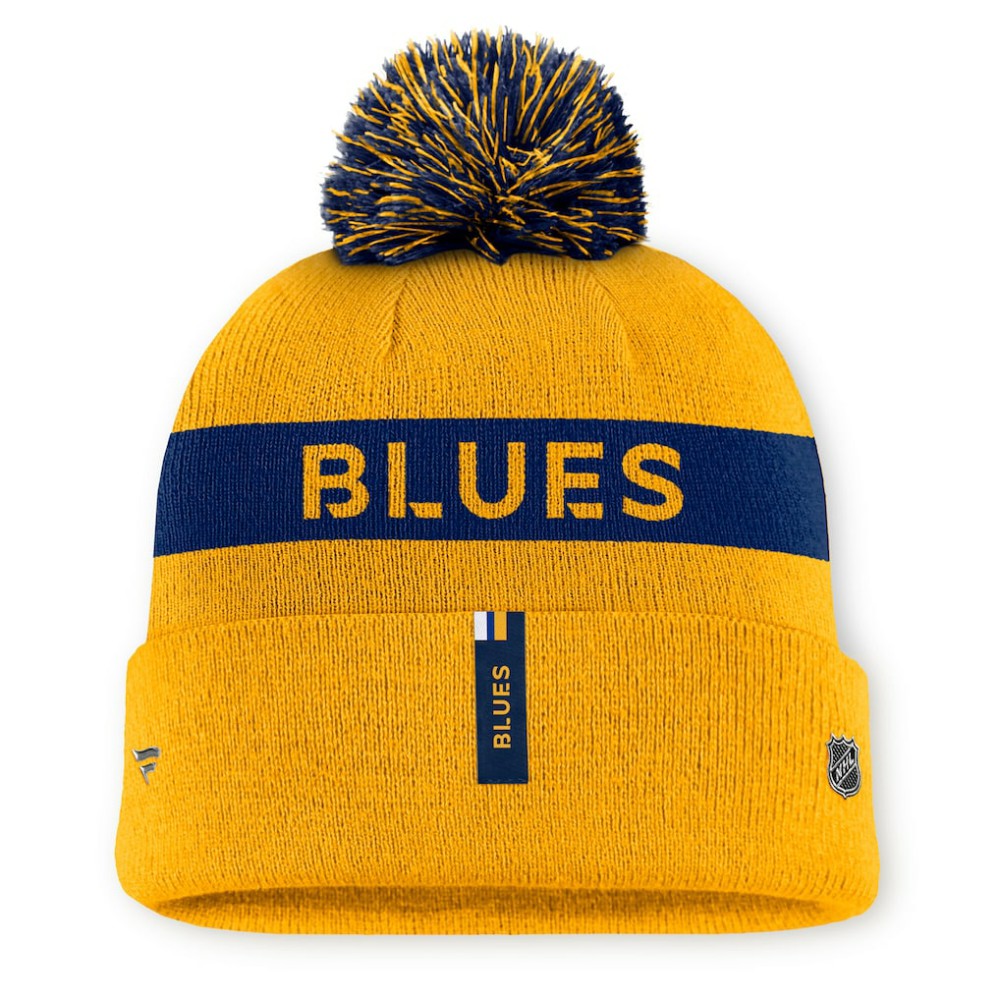 St. Louis Blues Fanatics Women's Authentic Pro Rink Cuffed Knit Hat with Pom - Gold/Navy - NHL 200897936
