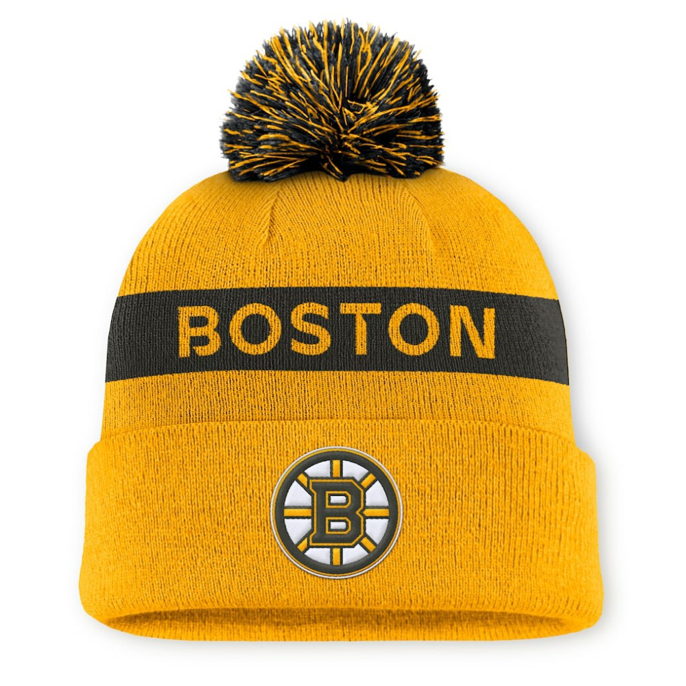 Boston Bruins Fanatics Women's Authentic Pro Rink Cuffed Knit Hat with Pom - Gold/Black - NHL 200897948