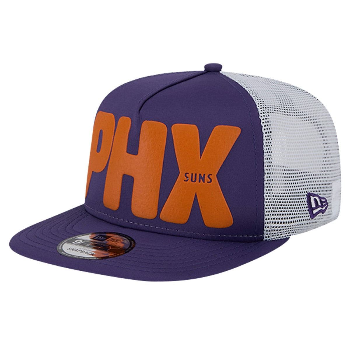 Phoenix Suns Puff Print Team Code A-Frame 9FIFTY Trucker Snapback Hat Purple | New Era Near Me