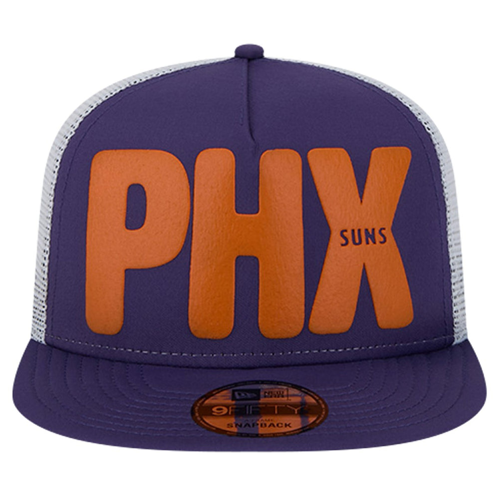 Phoenix Suns Puff Print Team Code A-Frame 9FIFTY Trucker Snapback Hat Purple | New Era Near Me