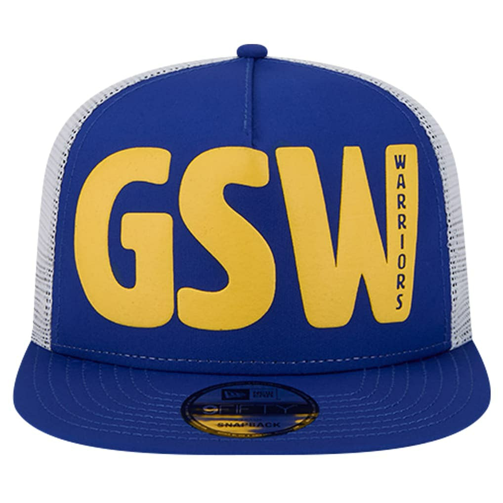 Golden State Warriors Puff Print Team Code A-Frame 9FIFTY Trucker Snapback Hat for sale Royal | New Era discount