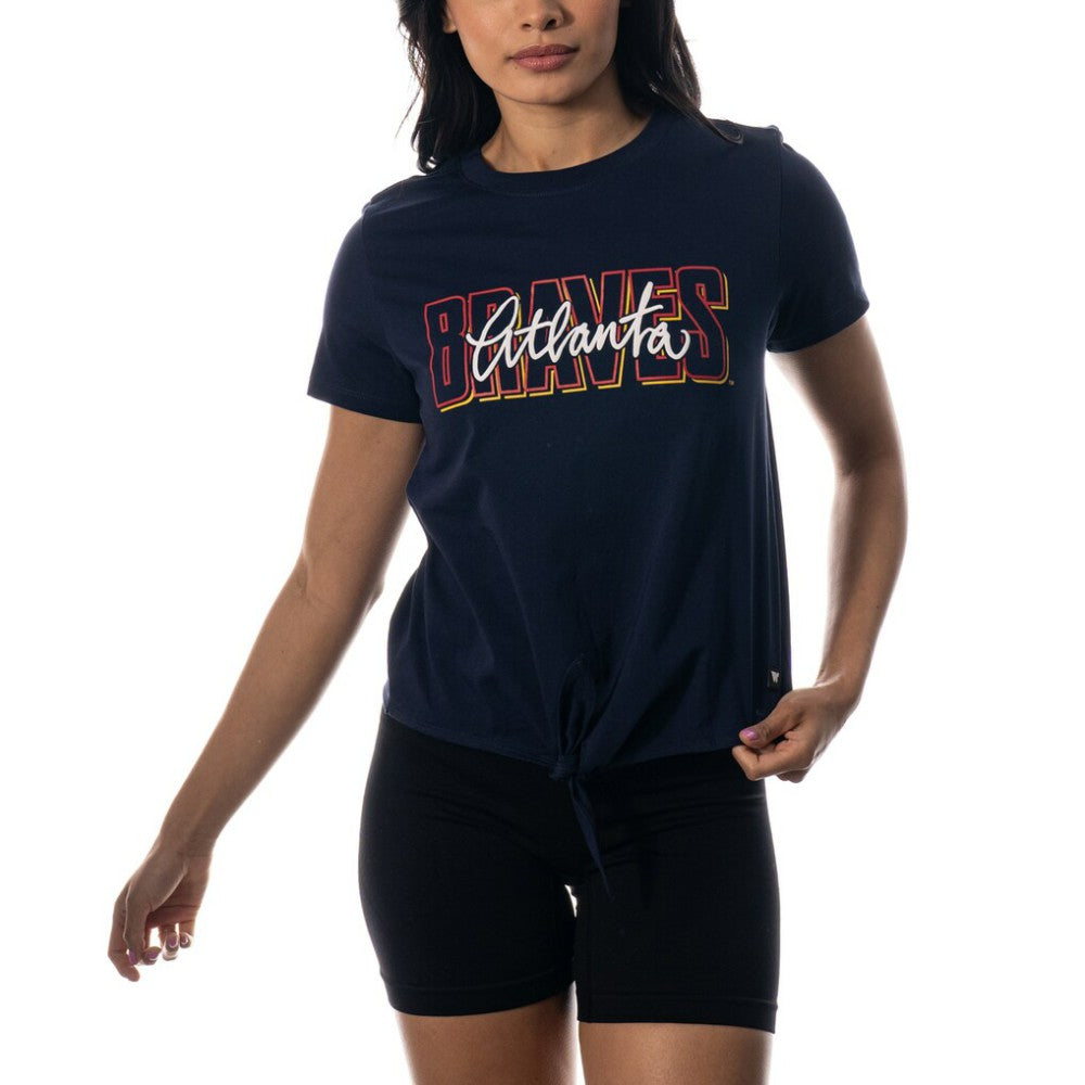 Atlanta Braves The Wild Collective Women's Twist Front T-Shirt - Navy - MLB Lifestyle