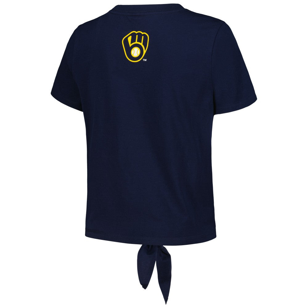 Milwaukee Brewers The Wild Collective Women's Twist Front T-Shirt - Navy - MLB on Sale