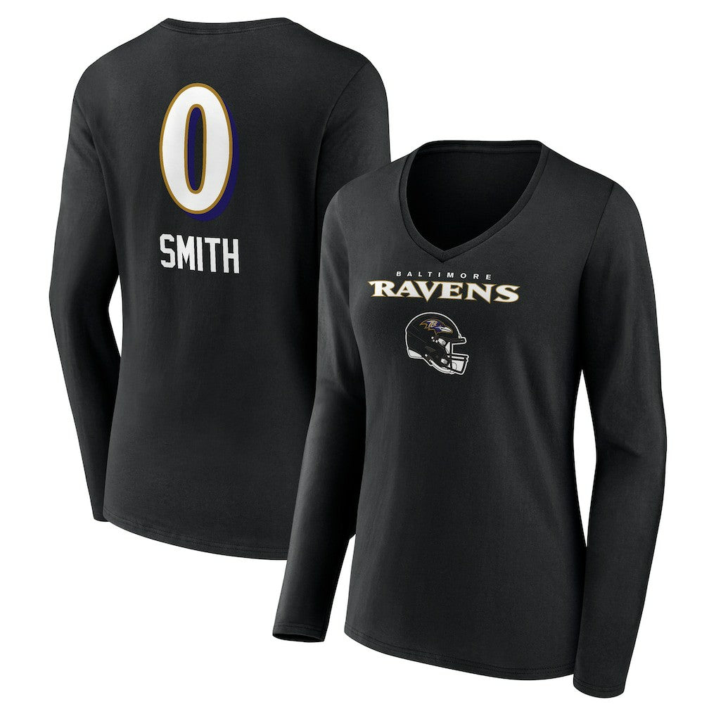 Roquan Smith Baltimore Ravens Women's Team Wordmark Player Name & Number Long Sleeve V-Neck T-Shirt Black