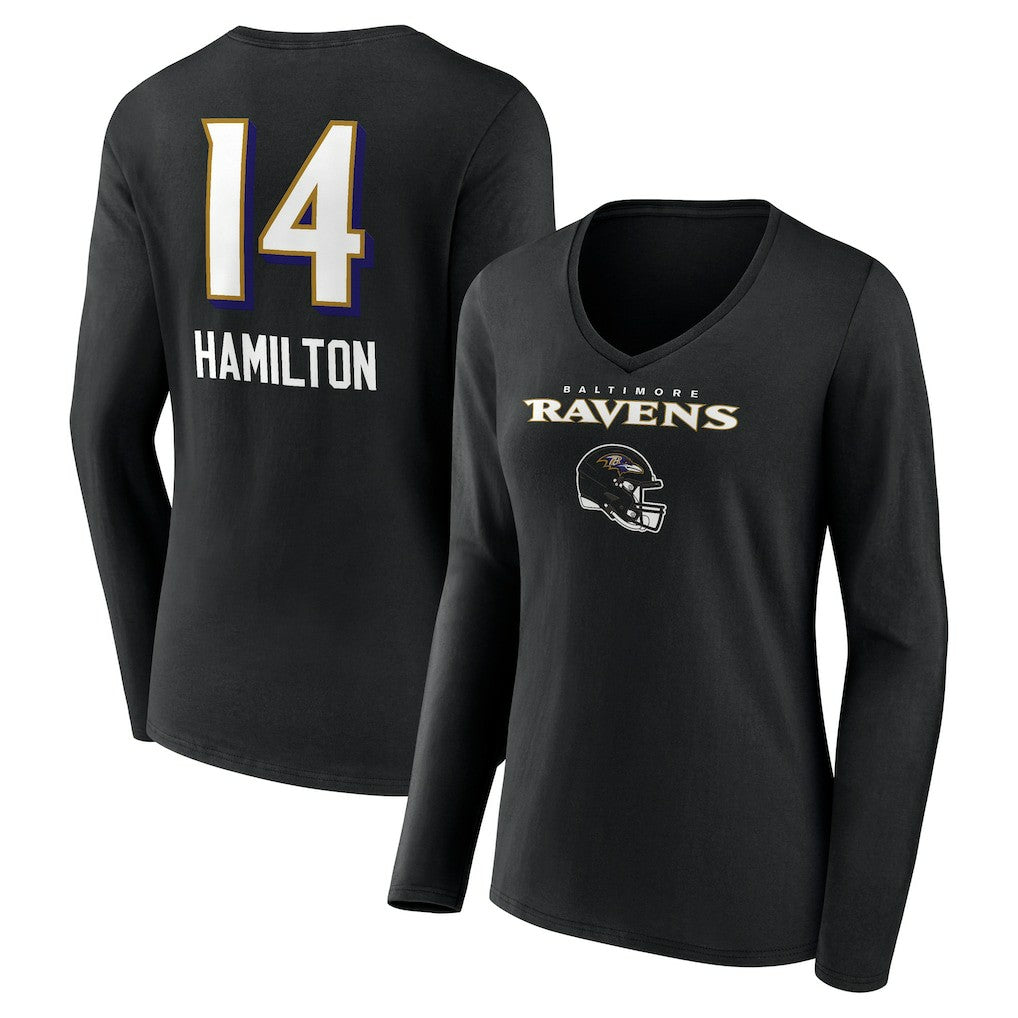 Kyle Hamilton Baltimore Ravens Women's Team Wordmark Player Name & Number Long Sleeve V-Neck T-Shirt Black