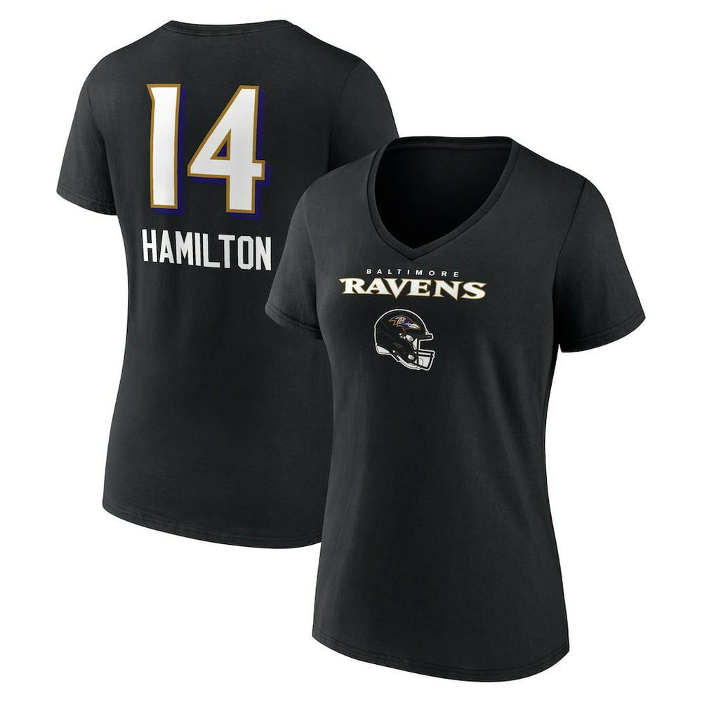 Kyle Hamilton Baltimore Ravens Women's Team Wordmark Player Name & Number V-Neck T-Shirt Black