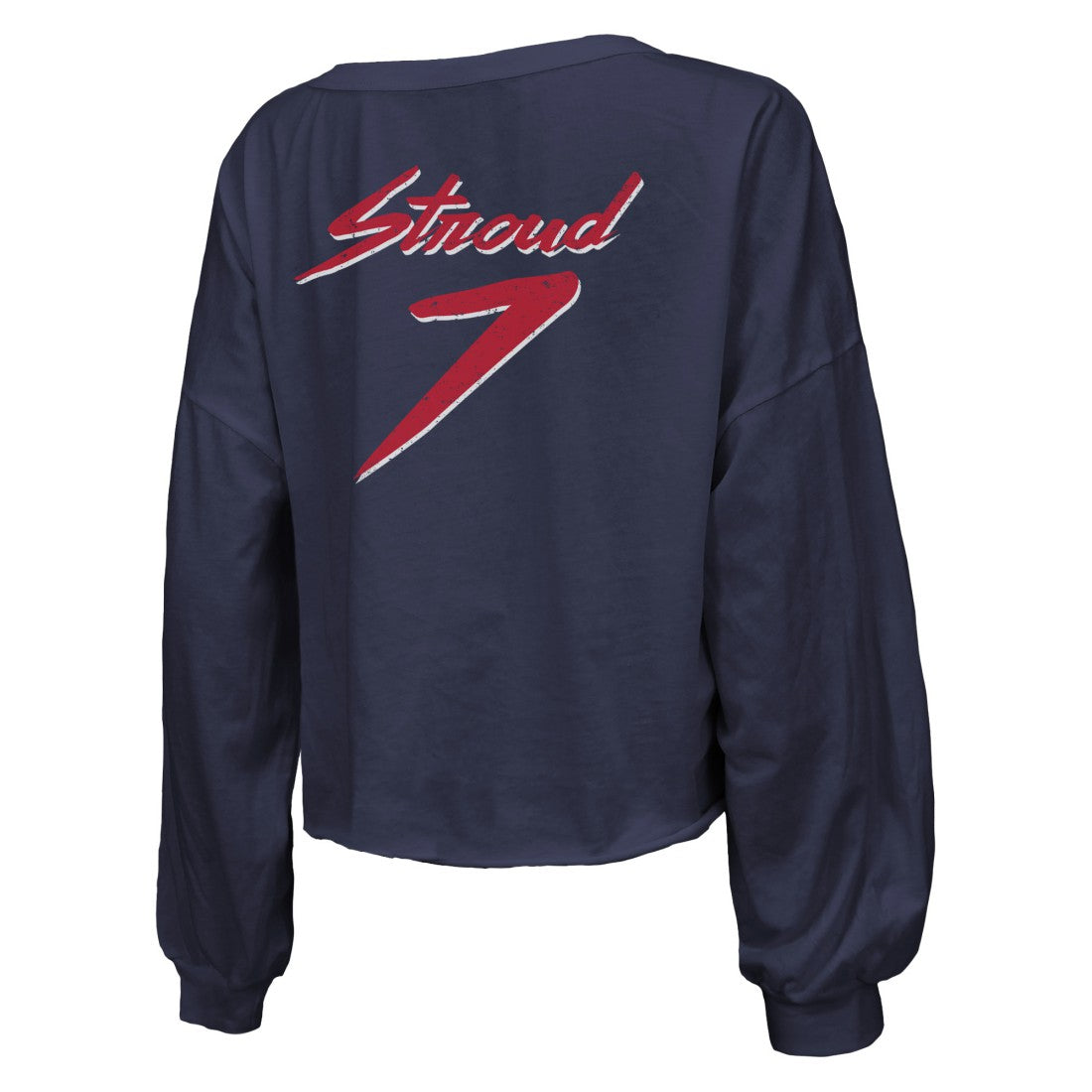 C.J. Stroud Houston Texans Majestic Threads Women's Name & Number Script Off-Shoulder Cropped Long Sleeve T-Shirt Navy