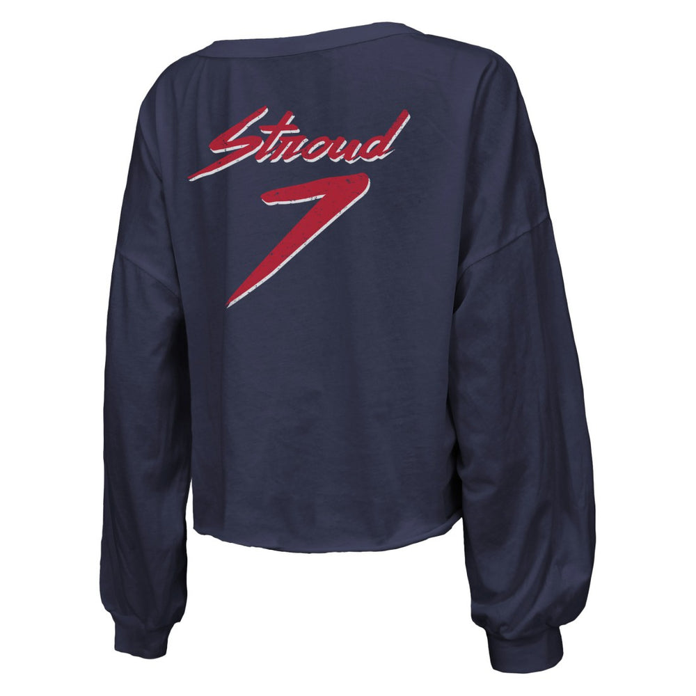 C.J. Stroud Houston Texans Majestic Threads Women's Name & Number Script Off-Shoulder Cropped Long Sleeve T-Shirt Navy