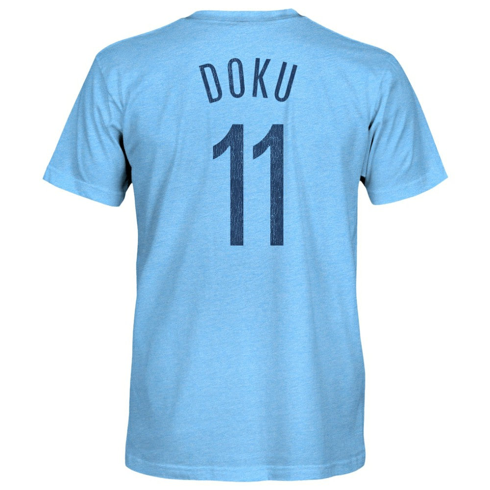 Jeremy Doku Manchester City 1863FC Player Name & Number Twisted Tri-Blend Slub T-Shirt Sky Blue
