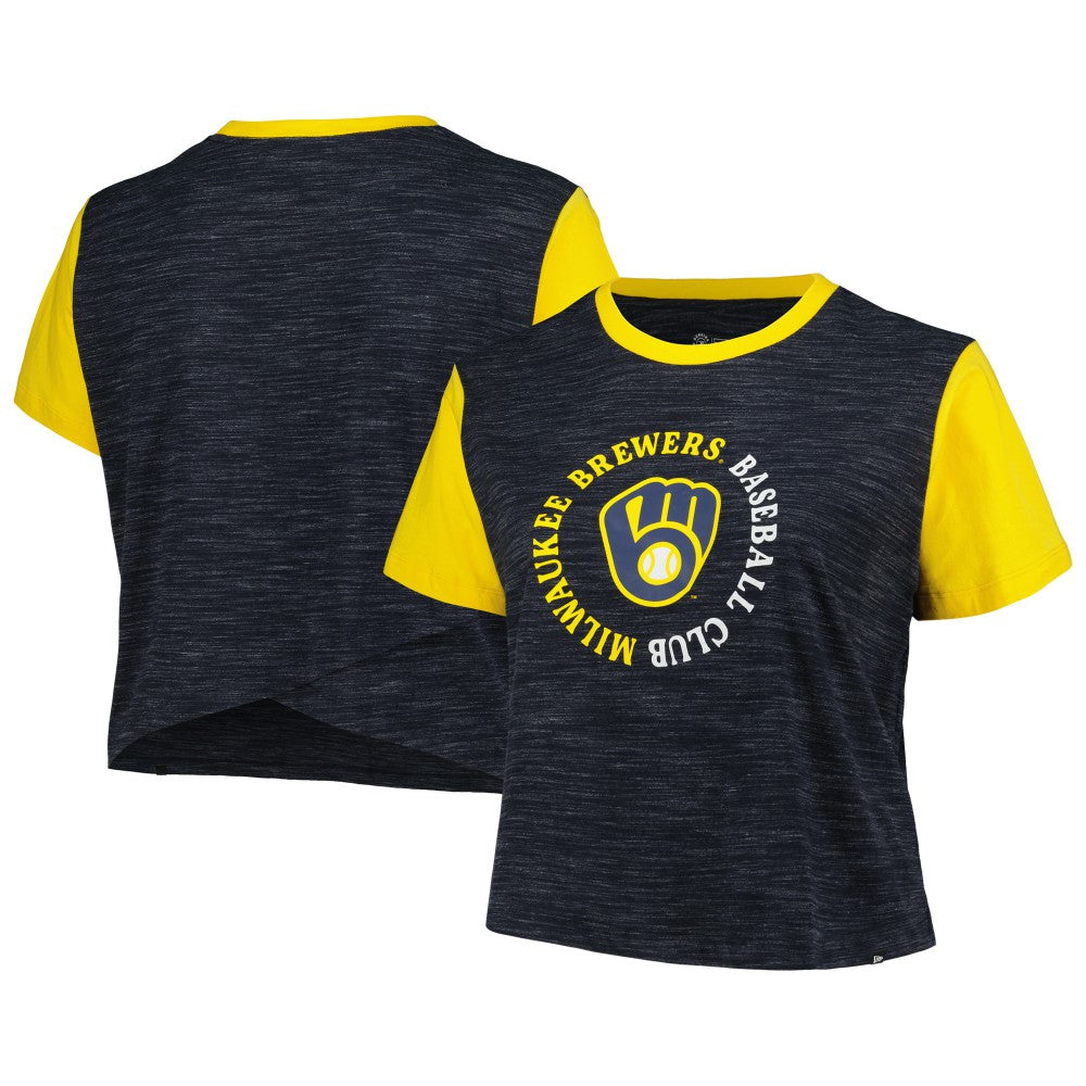 Milwaukee Brewers New Era Women's Plus Size Crossover Back Cropped T-Shirt - Navy - New Era Lifestyle