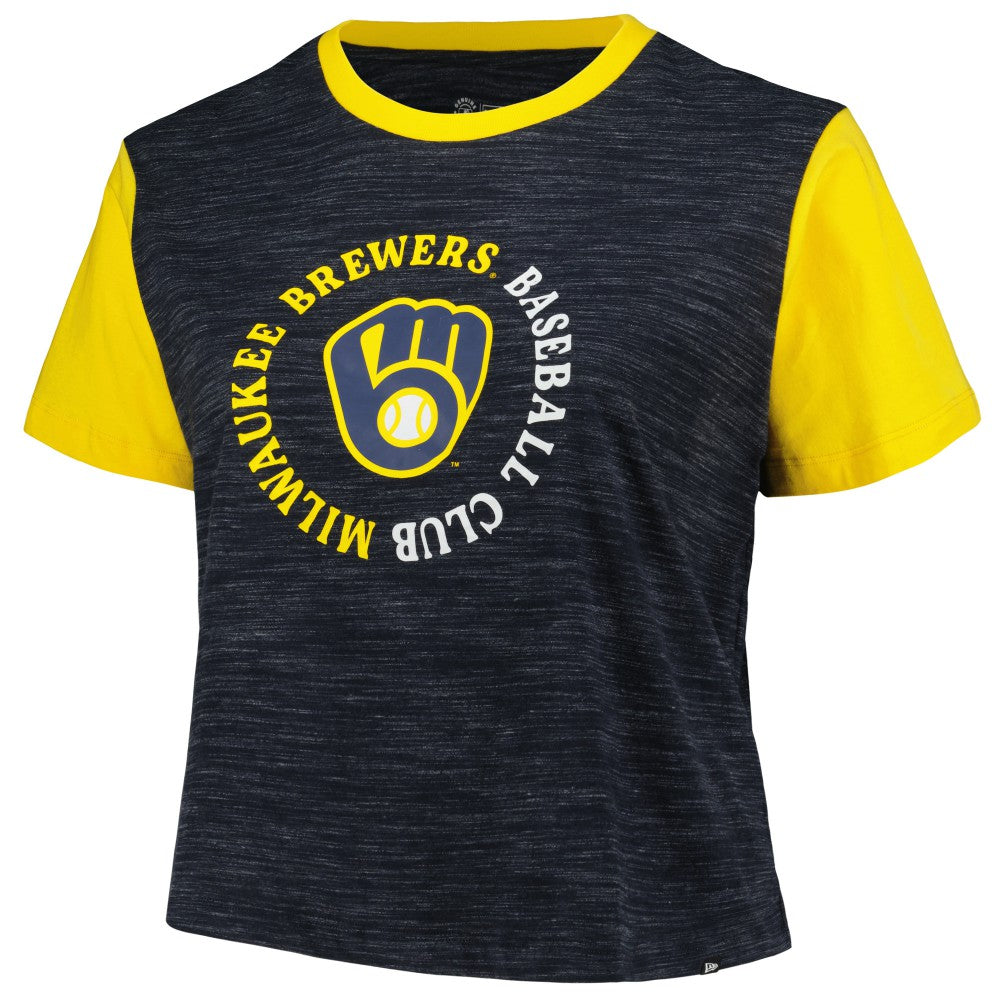 Milwaukee Brewers New Era Women's Plus Size Crossover Back Cropped T-Shirt - Navy - New Era Lifestyle