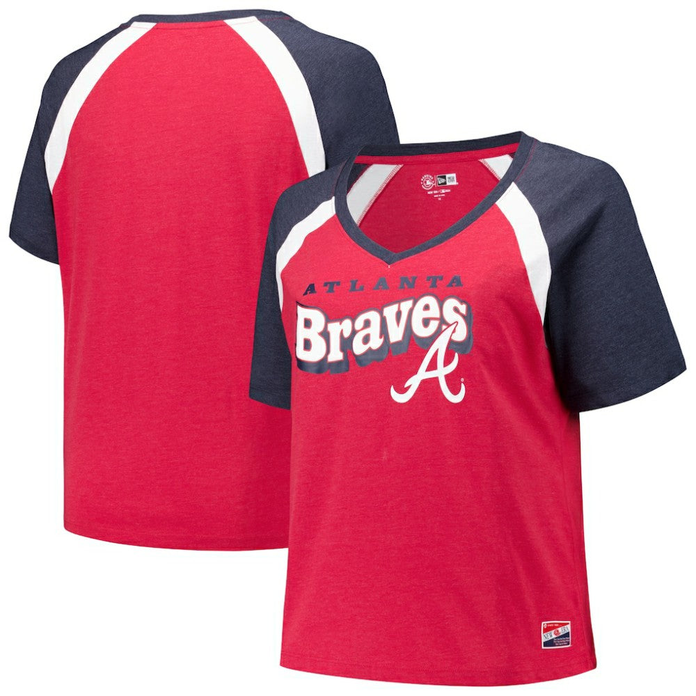 Atlanta Braves New Era Women's Plus Size Raglan V-Neck T-Shirt - Red - New Era Discount