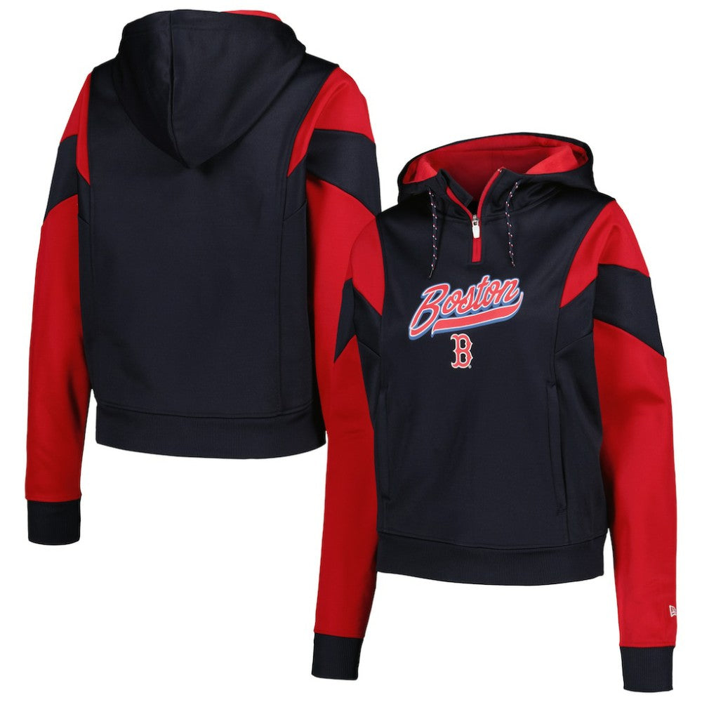 Boston Red Sox New Era Women's Color Block Fleece Quarter-Zip Hoodie - Navy - New Era on Sale