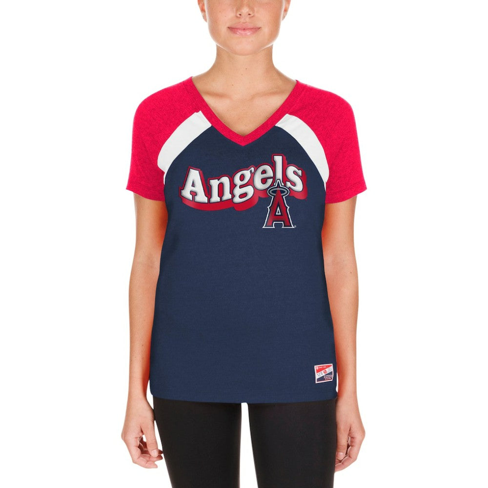 Los Angeles Angels New Era Women's Heathered Raglan V-Neck T-Shirt - Navy - New Era Sale