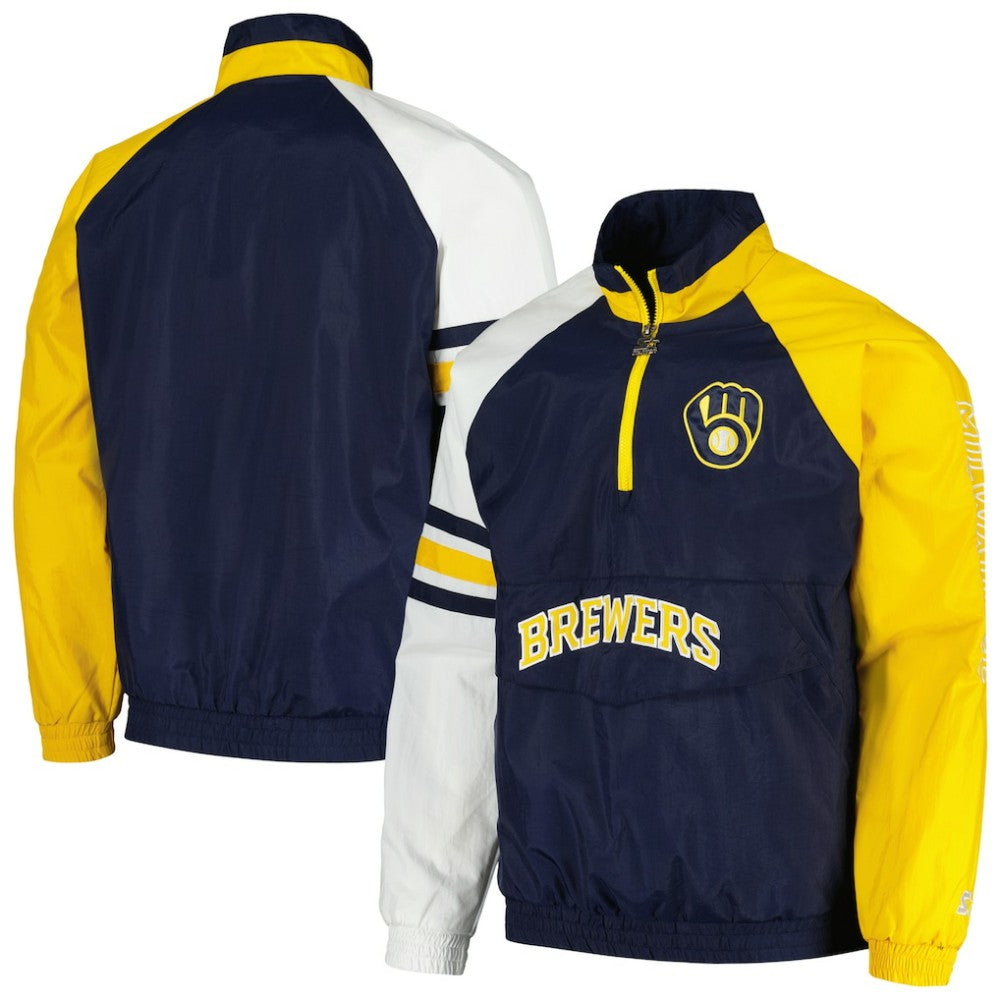 Milwaukee Brewers Starter Elite Raglan Half-Zip Jacket - Navy/Gold - MLB Sale