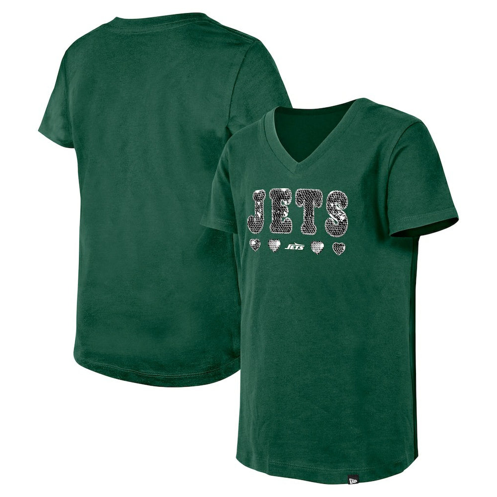 New York Jets New Era Girls Youth Flip Sequin V-Neck T-Shirt Green