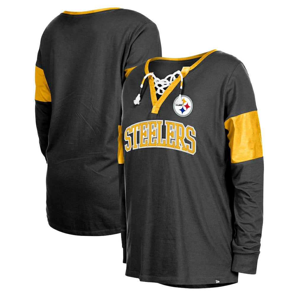 Pittsburgh Steelers New Era Women's Lace-Up Notch-Neck Long Sleeve T-Shirt Black