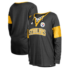 Pittsburgh Steelers New Era Women's Lace-Up Notch-Neck Long Sleeve T-Shirt Black