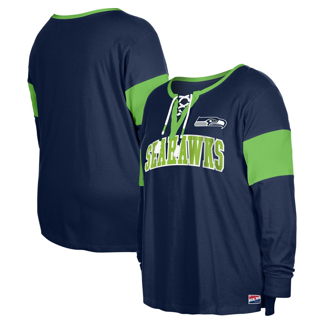 Seattle Seahawks New Era Women's Plus Size Lace-Up Notch Neck Long Sleeve T-Shirt  College Navy