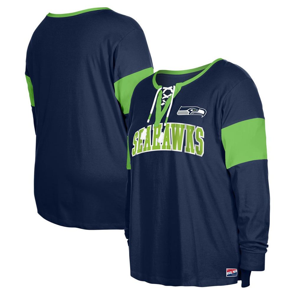 Seattle Seahawks New Era Women's Plus Size Lace-Up Notch Neck Long Sleeve T-Shirt  College Navy