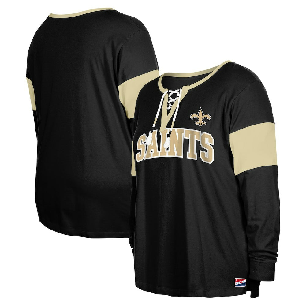 New Orleans Saints New Era Women's Plus Size Lace-Up Notch Neck Long Sleeve T-Shirt  Black