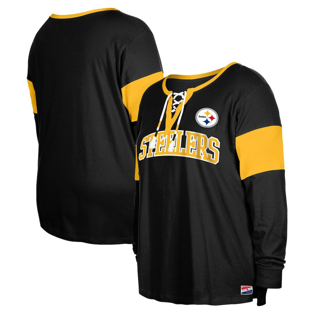 Pittsburgh Steelers New Era Women's Plus Size Lace-Up Notch Neck Long Sleeve T-Shirt  Black