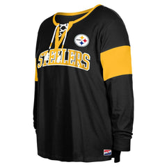 Pittsburgh Steelers New Era Women's Plus Size Lace-Up Notch Neck Long Sleeve T-Shirt  Black