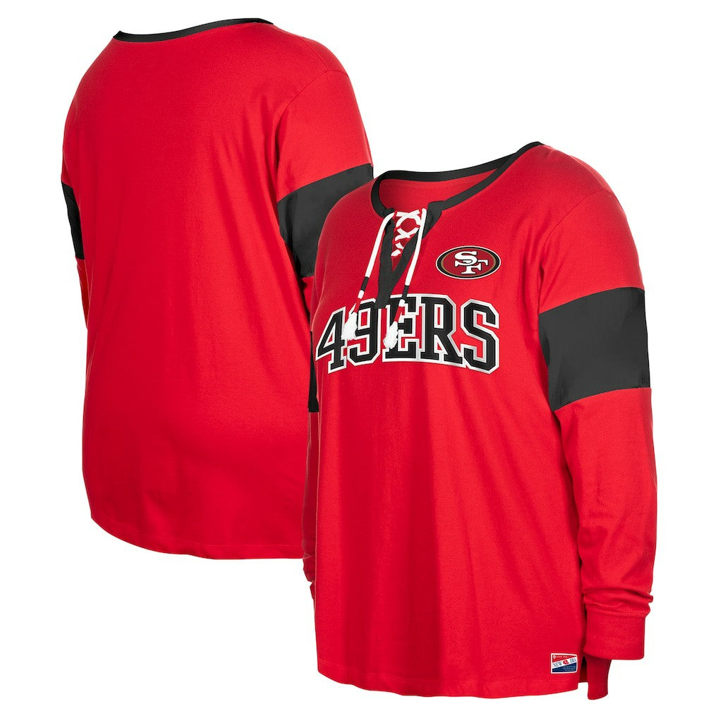 San Francisco 49ers New Era Women's Plus Size Lace-Up Notch Neck Long Sleeve T-Shirt  Scarlet